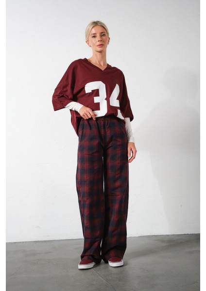 Ekoseli Flanel Yüksek Bel Pijama Altı Rahat Kesim Geniş Paça Pamuklu Kadın Pantolon