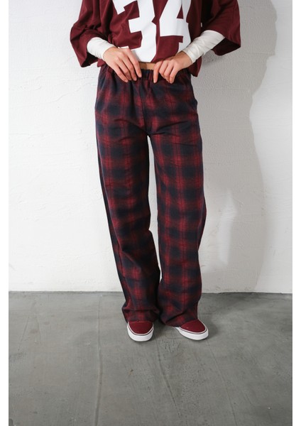 Ekoseli Flanel Yüksek Bel Pijama Altı Rahat Kesim Geniş Paça Pamuklu Kadın Pantolon modelleri