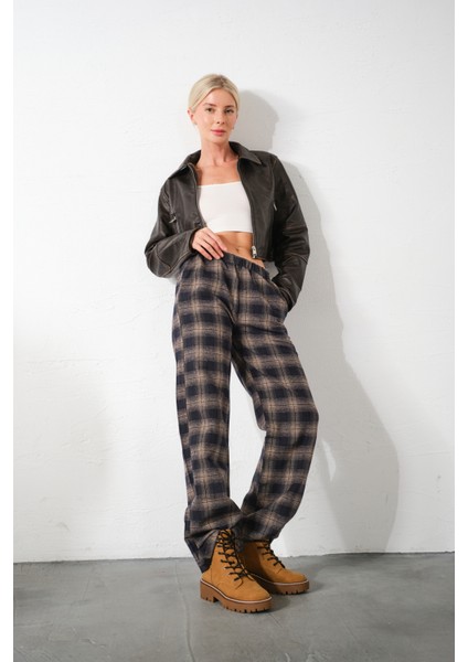 Ekoseli Flanel Yüksek Bel Pijama Altı Rahat Kesim Geniş Paça Pamuklu Kadın Pantolon