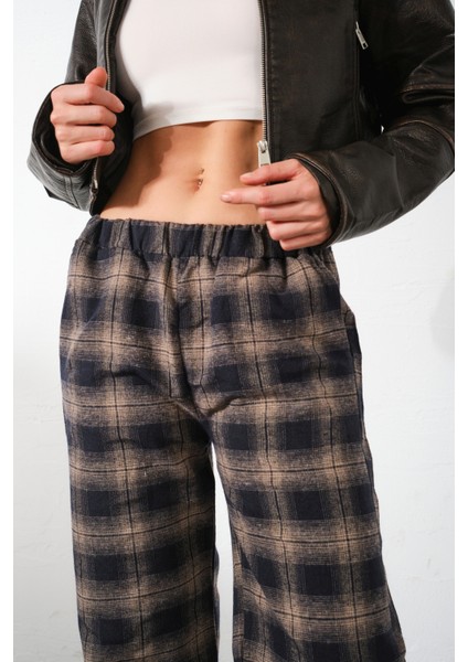 Ekoseli Flanel Yüksek Bel Pijama Altı Rahat Kesim Geniş Paça Pamuklu Kadın Pantolon modelleri