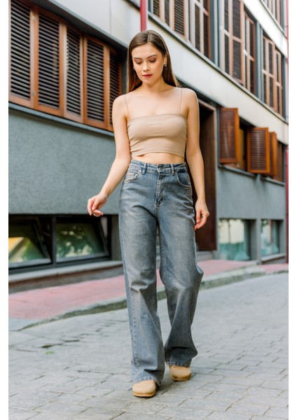 Üksek Bel, Esnek Denim Kumaş Geniş Paça Palazzo Kadın Kot Jean Pantolon @cesena