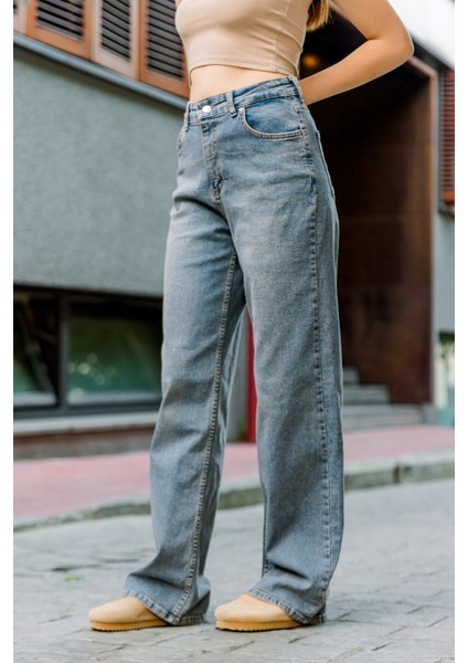 Üksek Bel, Esnek Denim Kumaş Geniş Paça Palazzo Kadın Kot Jean Pantolon @cesena fırsatları