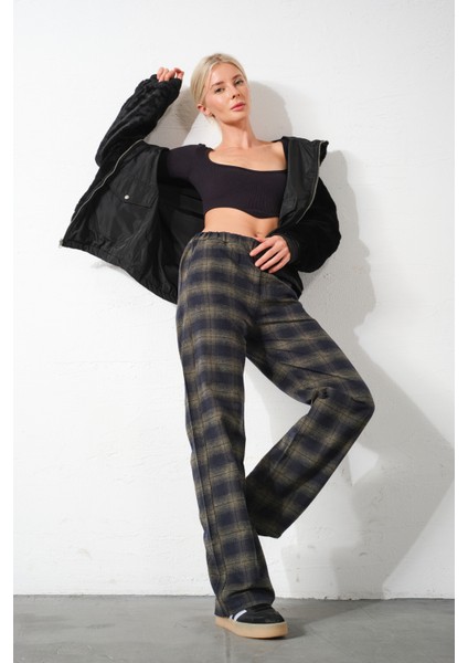 Ekoseli Flanel Yüksek Bel Pijama Altı Rahat Kesim Geniş Paça Pamuklu Kadın Pantolon