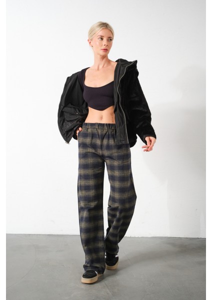 Ekoseli Flanel Yüksek Bel Pijama Altı Rahat Kesim Geniş Paça Pamuklu Kadın Pantolon fiyatları