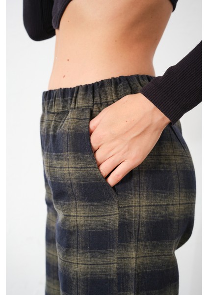 Ekoseli Flanel Yüksek Bel Pijama Altı Rahat Kesim Geniş Paça Pamuklu Kadın Pantolon