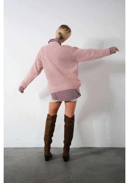 Düşük Omuz Bisiklet Yaka Oversize Triko Kadın Kazak indirimleri