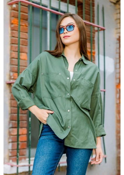 Pamuk Gabardin Çıt Çıtlı Çift Cepli Kadın Düşük Omuz Oversize Oval Gömlek @livorno