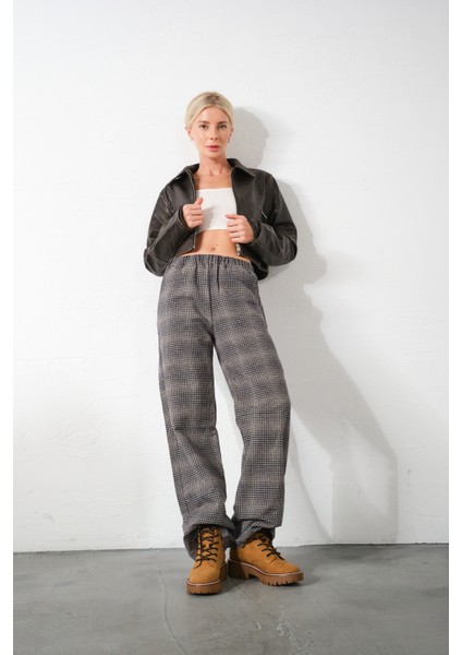 Ekoseli Flanel Yüksek Bel Pijama Altı Rahat Kesim Geniş Paça Pamuklu Kadın Pantolon