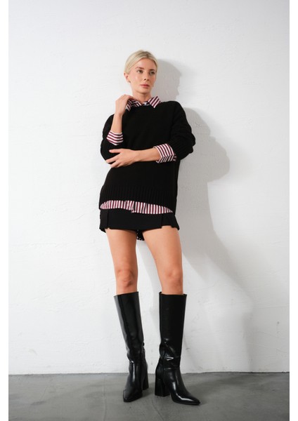 Düşük Omuz Bisiklet Yaka Oversize Triko Kadın Kazak