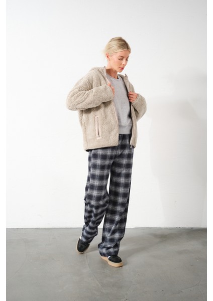 Ekoseli Flanel Yüksek Bel Pijama Altı Rahat Kesim Geniş Paça Pamuklu Kadın Pantolon