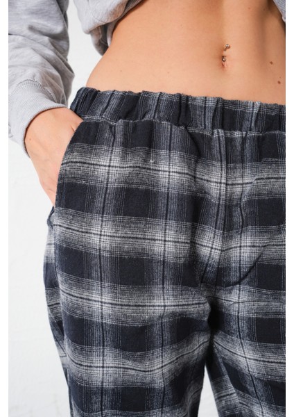 Ekoseli Flanel Yüksek Bel Pijama Altı Rahat Kesim Geniş Paça Pamuklu Kadın Pantolon