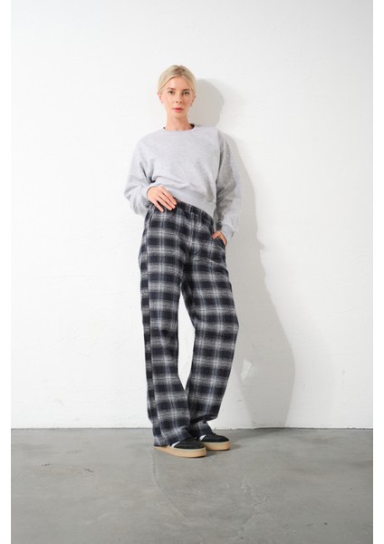 Ekoseli Flanel Yüksek Bel Pijama Altı Rahat Kesim Geniş Paça Pamuklu Kadın Pantolon