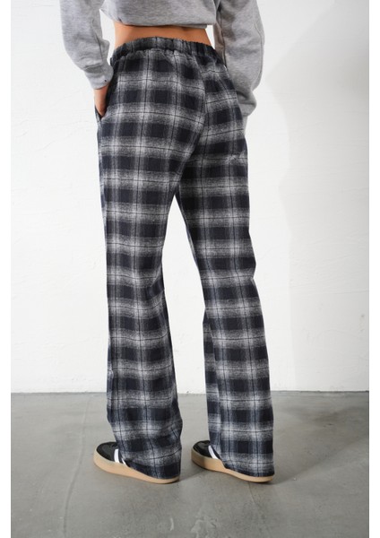 Ekoseli Flanel Yüksek Bel Pijama Altı Rahat Kesim Geniş Paça Pamuklu Kadın Pantolon