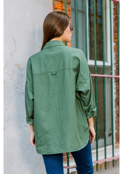 Pamuk Gabardin Çıt Çıtlı Çift Cepli Kadın Düşük Omuz Oversize Oval Gömlek @livorno indirimleri