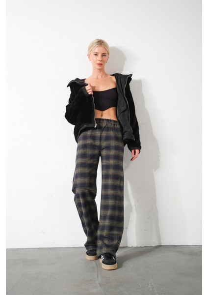 Ekoseli Flanel Yüksek Bel Pijama Altı Rahat Kesim Geniş Paça Pamuklu Kadın Pantolon fırsatları