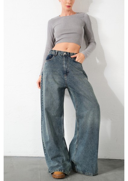 Ekstra Yüksek Bel %100 Pamuk Lastikli Loose Fit Geniş Paça Jean Kadın Kot Pantolon