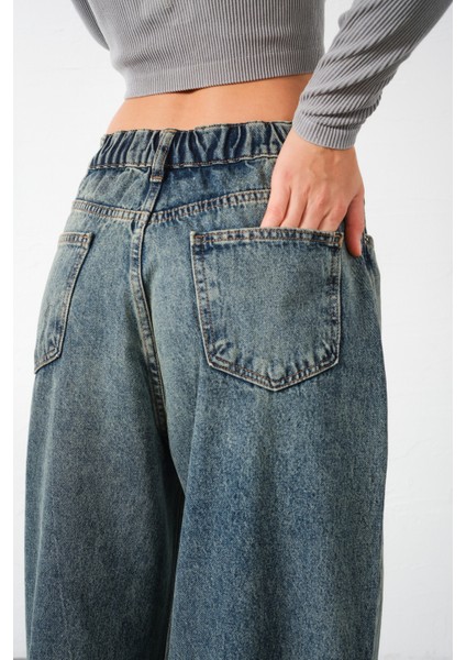 Ekstra Yüksek Bel %100 Pamuk Lastikli Loose Fit Geniş Paça Jean Kadın Kot Pantolon fiyatları