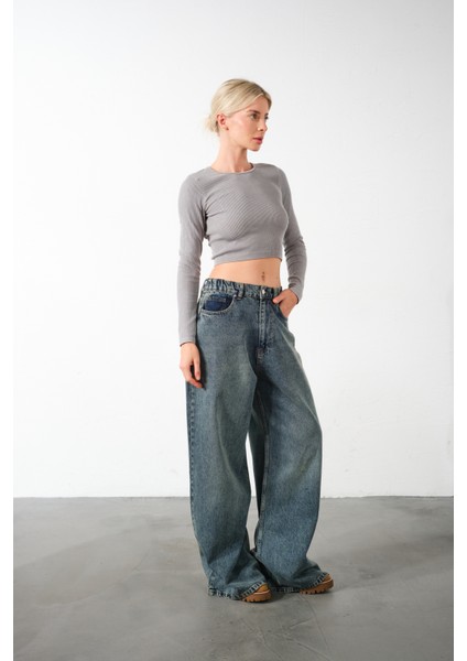 Ekstra Yüksek Bel %100 Pamuk Lastikli Loose Fit Geniş Paça Jean Kadın Kot Pantolon fırsatları