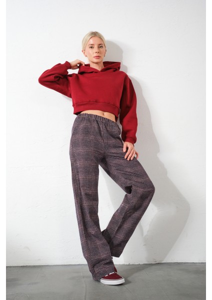 Ekoseli Flanel Yüksek Bel Pijama Altı Rahat Kesim Geniş Paça Pamuklu Kadın Pantolon