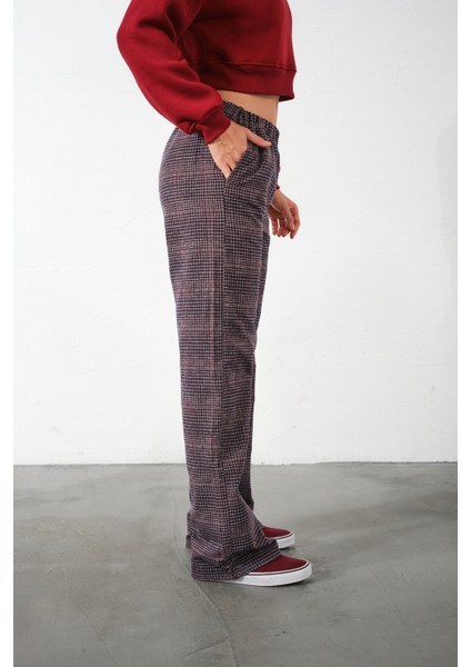 Ekoseli Flanel Yüksek Bel Pijama Altı Rahat Kesim Geniş Paça Pamuklu Kadın Pantolon