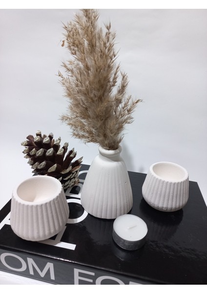 Pampas Vazolu Tabaklı Ikili Tealight Mumluk Set