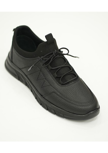 Siyah Erkek Bağcıklı Deri Sneaker