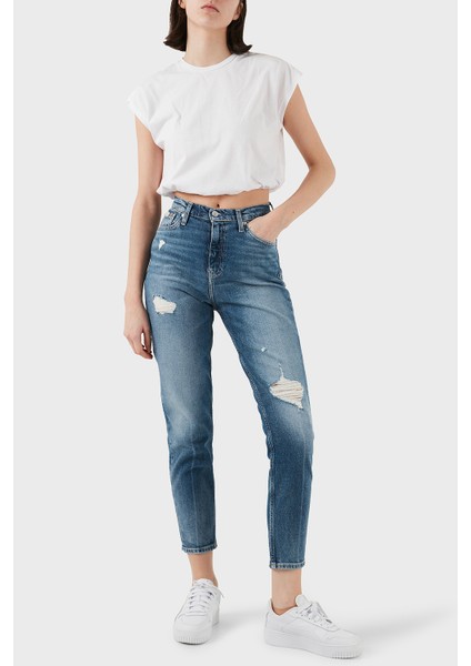 Streç Pamuklu Mom Fit Yüksek Bel Boru Paça Jeans J20J2245131A4 Bayan Kot Pantolon J20J224513 1A4