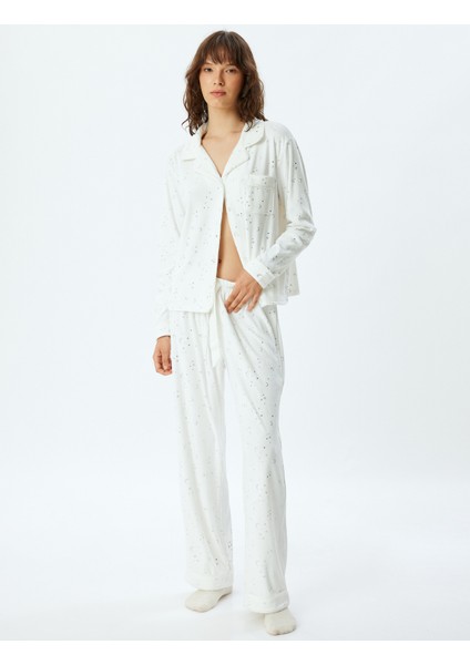 Polar Pijama Altı Düz Bol Paça Parıltılı Yıldız ve Ay Baskılı fiyatları