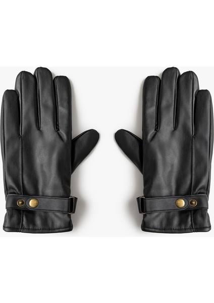 Suni Deri Eldiven Çıt Çıt Düğme Detaylı