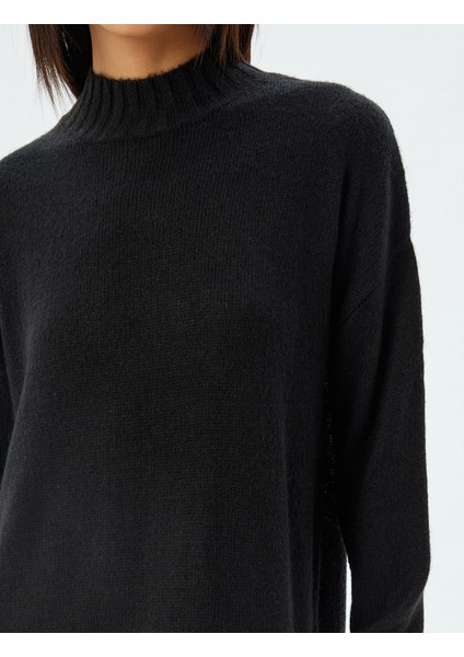 Triko Elbise Midi Boy Dik Yaka Uzun Kollu Düşük Omuzlu Bol Kalıp