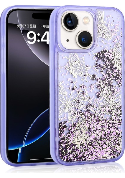 Apple iPhone 14 Uyumlu Kılıf Gliss Kelebek Baskılı Sıvı Simli Mor + Ekran Koruyucu