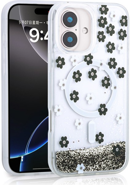 Apple iPhone 16 Uyumlu Kılıf Mossa Simli Baskılı Siyah + Ekran Koruyucu