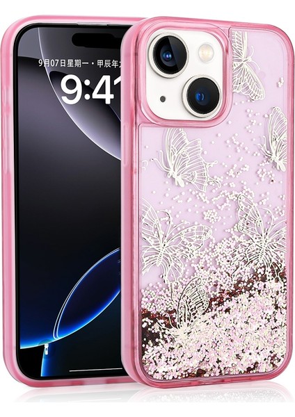Iphone 14 Uyumlu Kılıf Gliss Kelebek Baskılı Sıvı Simli Pembe + Ekran Koruyucu