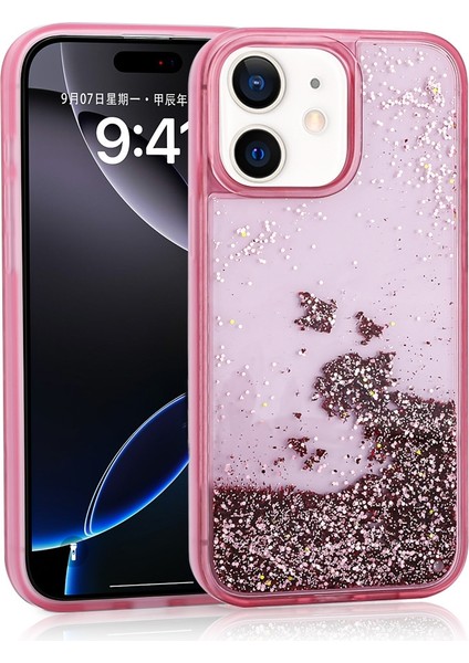 Apple iPhone 12 Uyumlu Kılıf Keto Sıvılı Simli Pembe