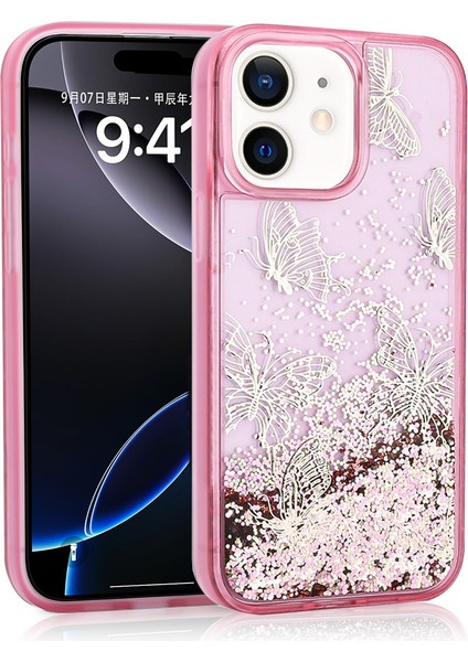 Apple iPhone 12 Uyumlu Kılıf Gliss Kelebek Baskılı Sıvı Simli Pembe + Ekran Koruyucu