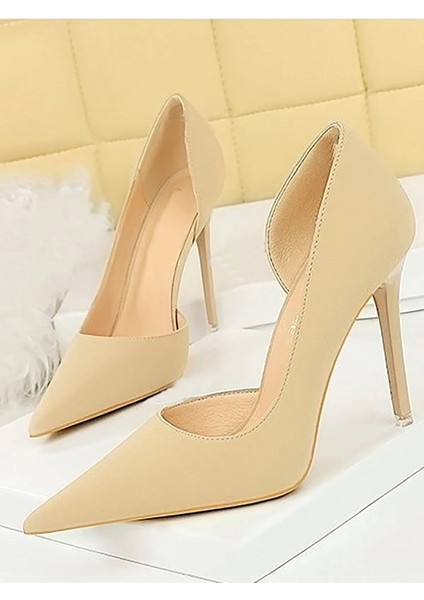 Kadın Nude Bej Ten Süet 8cm Ince Şeffaf Kapak Topuklu Stiletto Ayakkabı