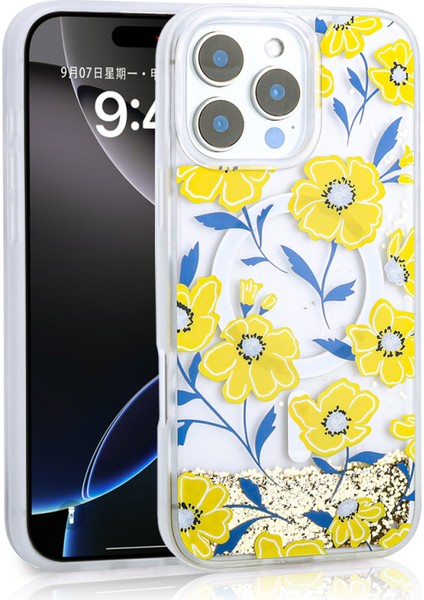 Apple iPhone 16 Pro Uyumlu Kılıf Mossa Simli Baskılı Sarı