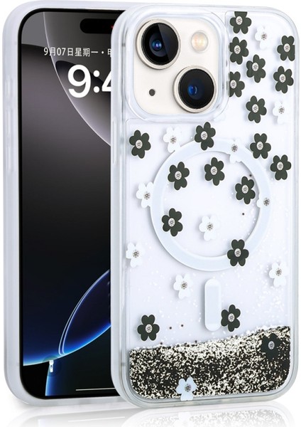 Apple iPhone 14 Uyumlu Kılıf Mossa Simli Baskılı Siyah