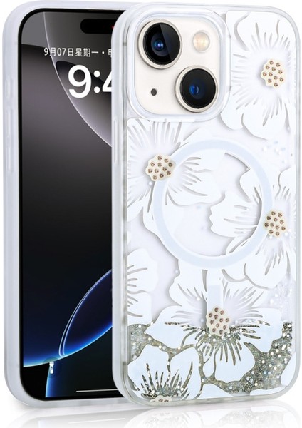 Apple iPhone 14 Uyumlu Kılıf Mossa Simli Baskılı Gri