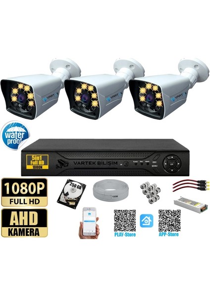 3 Kameralı-Gece Renkli 5mp Lensli 1080P Fullhd Kamera Seti - Su Gecirmez- Sabit Ip Gerektirmez