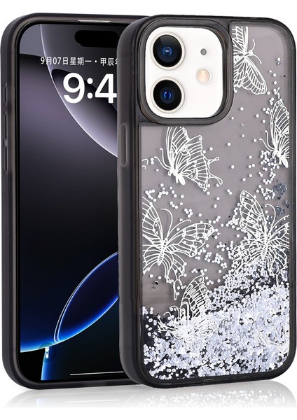 Apple iPhone 12 Uyumlu Kılıf Gliss Kelebek Baskılı Sıvı Simli Siyah + Ekran Koruyucu