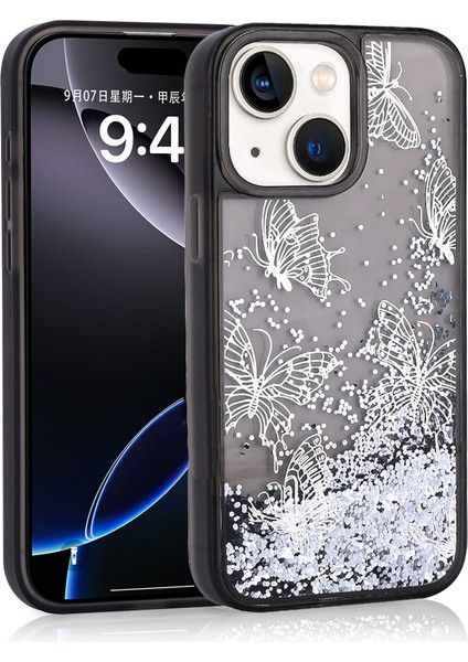 Apple iPhone 14 Uyumlu Kılıf Gliss Kelebek Baskılı Sıvı Simli Siyah + Ekran Koruyucu