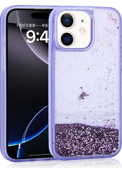 Apple iPhone 12 Uyumlu Kılıf Keto Sıvılı Simli Mor