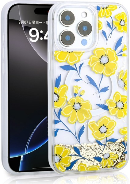 Apple iPhone 12 Pro Uyumlu Kılıf Mossa Simli Baskılı Sarı
