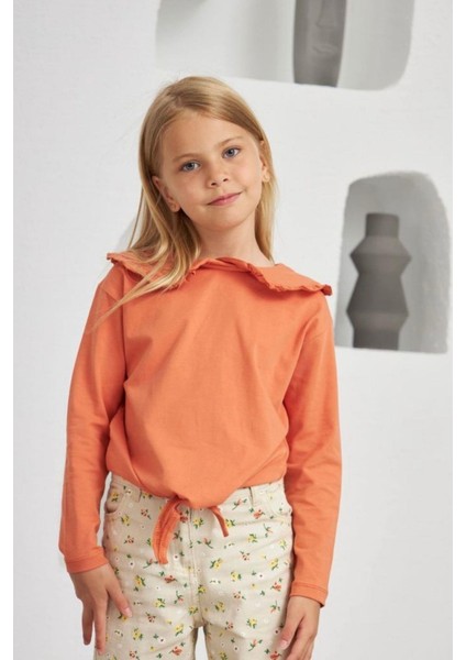 Bebe Yaka Önü Bağlamalı Uzun Kol Bluz Kiremit