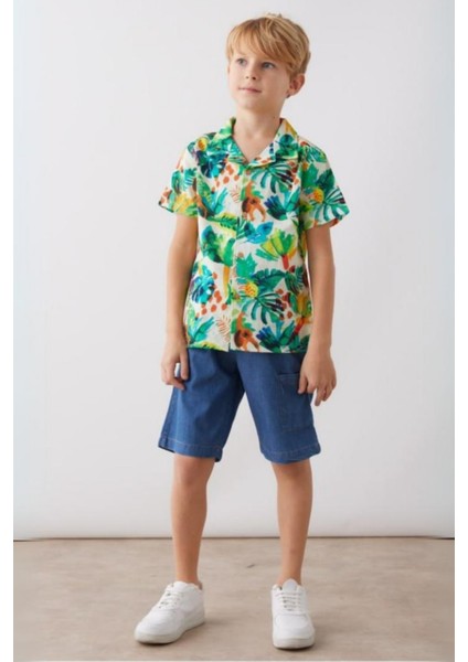 4-8 Yaş Çiçek Desen Gömlek Tensel Şort Erkek Çocuk Takım