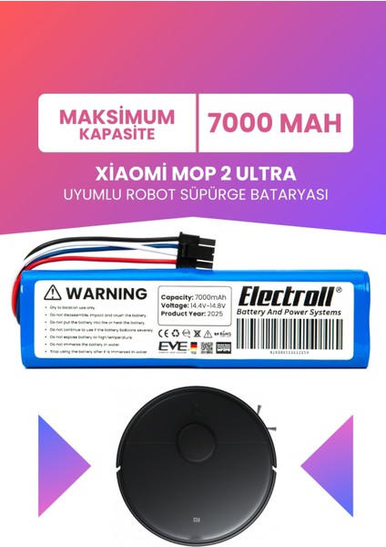 Xiaomi Mop 2 Ultra Uyumlu Batarya (Maksimum Kapasite) 70000MAH Pil Robot Süpürge Bataryası Değişimi