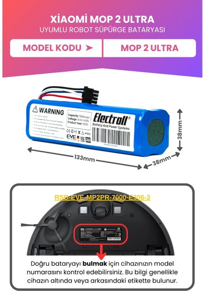 Xiaomi Mop 2 Ultra Uyumlu Batarya (Maksimum Kapasite) 70000MAH Pil Robot Süpürge Bataryası Değişimi