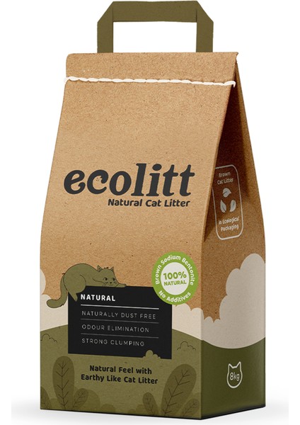 Kraft Pakette Tozsuz ve Topaklanan Kahverengi Bentonit Natura Kedi Kumu 8kg