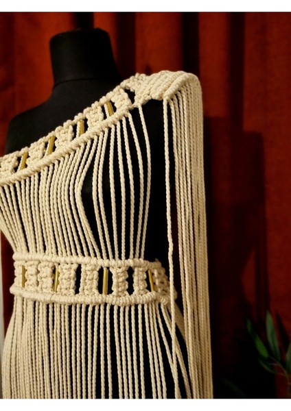 El Yapımı Makrome Kleopatra Model Plaj Elbisesi,festival Elbisesi Ekru / Standart